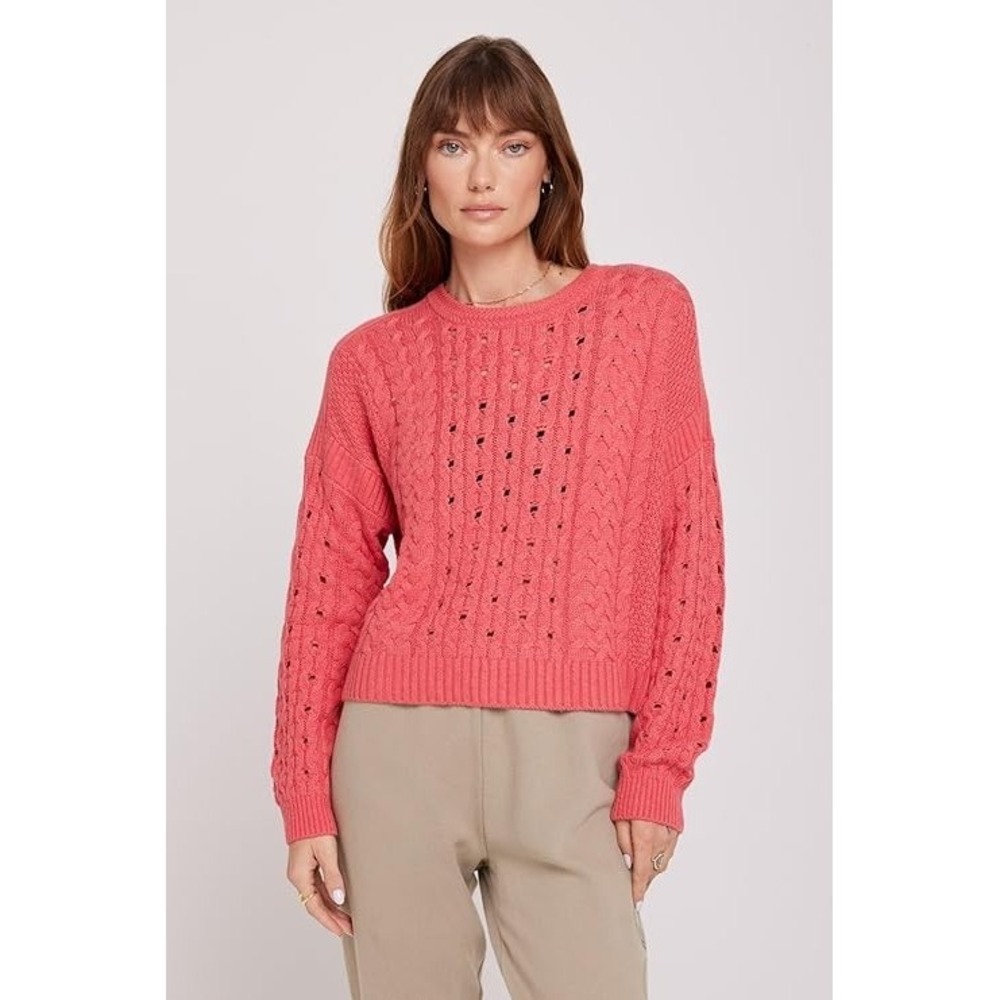 Spiritual Gangster Gemma Cable Knit Sweater Coral Alpaca Merino Medium Cozy Crop